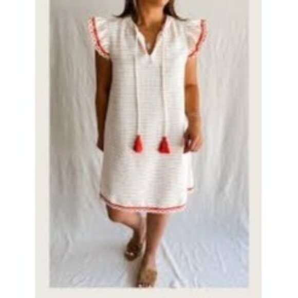 Voy Boho-Inspired Textured White & Orange Tassel Tie Dress - Size M - - Picture 1 of 7